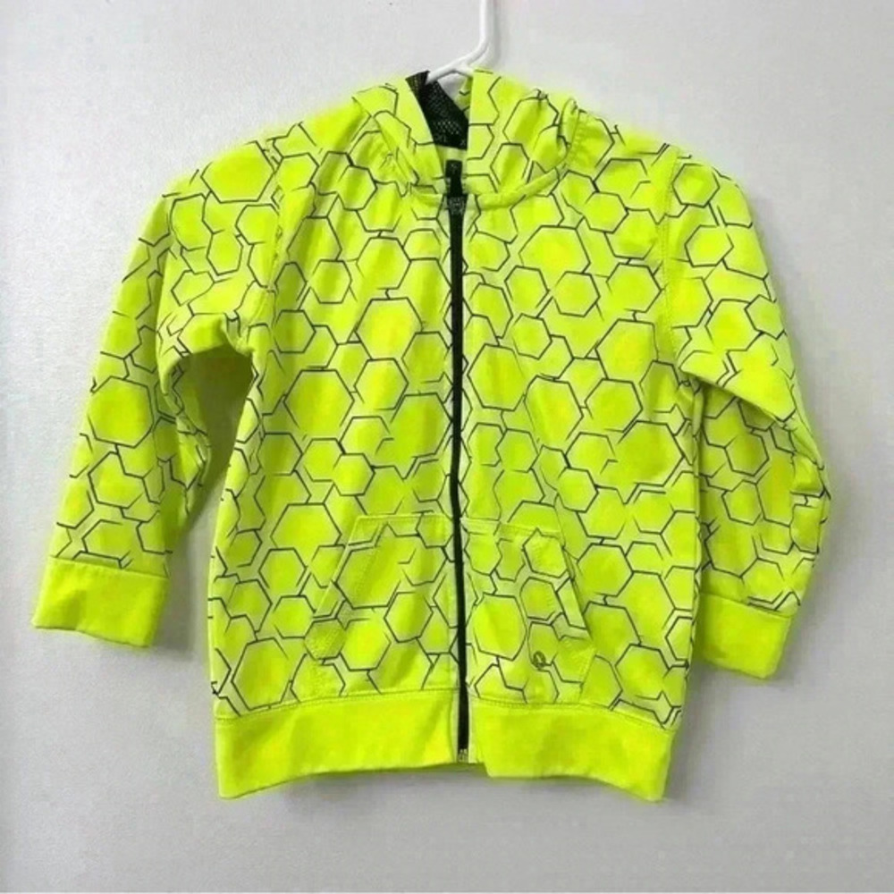 Xersion Geometric Hexagon Neon Yellow Black Long Sleeve Zip Up Hoodie Kids XL
